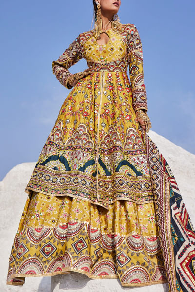 Mustard yellow floral geometric print lehenga set