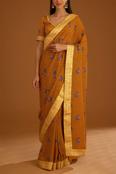 Mustard yellow floral printed sari set