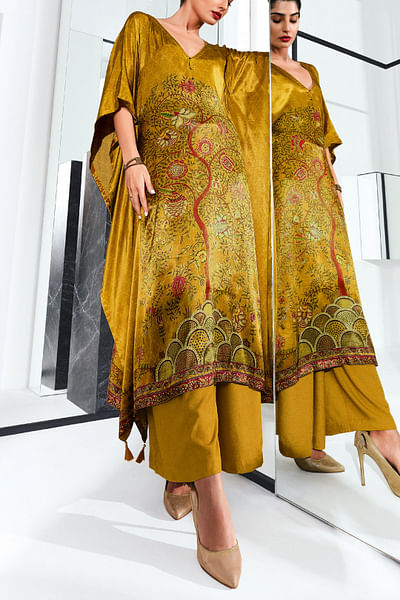 Mustard yellow printed kaftan set