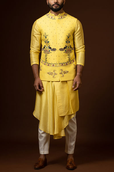 Mustard yellow rose and peacock embroidery Nehru kurta set