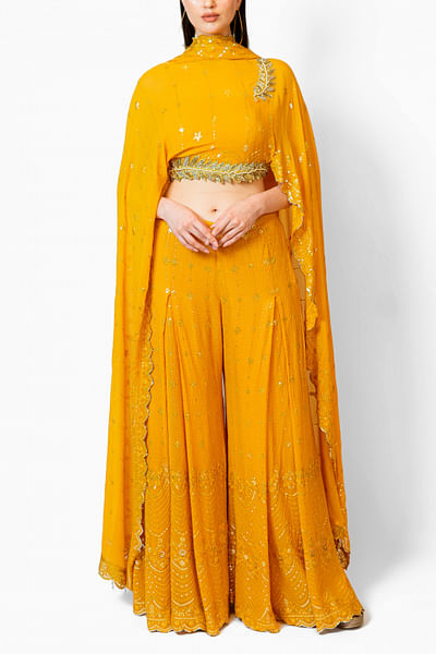 Mustard yellow sequin embellished cape set