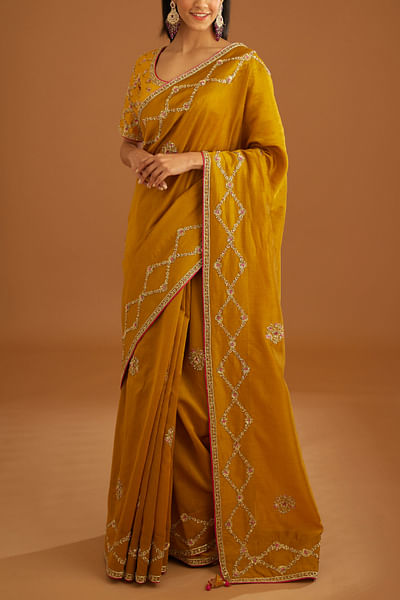 Mustard yellow zardozi embroidered sari set