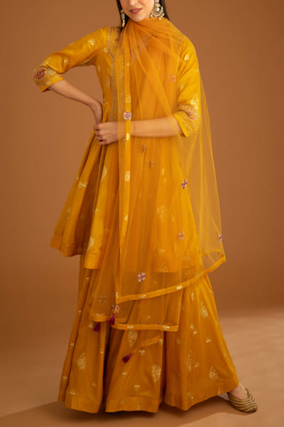 Shyam Narayan Prasad Mustard yellow zardozi embroidered sharara set SNPMAR2309