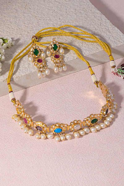 Navratna jadau and pearl embellished choker set