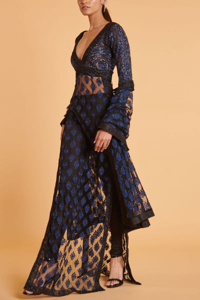 Navy and black floral embroidery kurta set