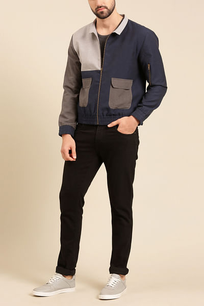 Navy and charcoal panelled bomber jacket