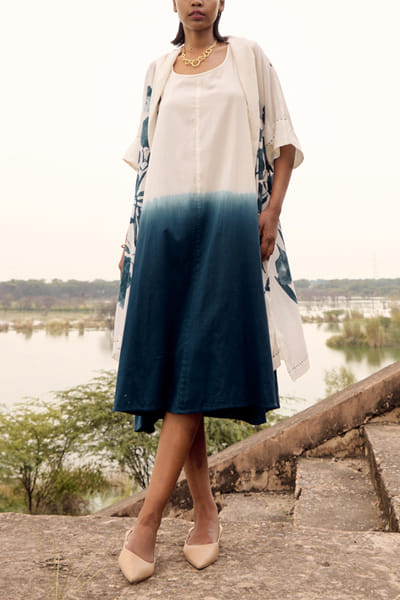 Navy blue and off-white dip-dyed dress set