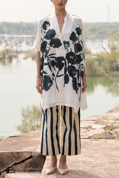 Navy blue and off-white floral print co-ords