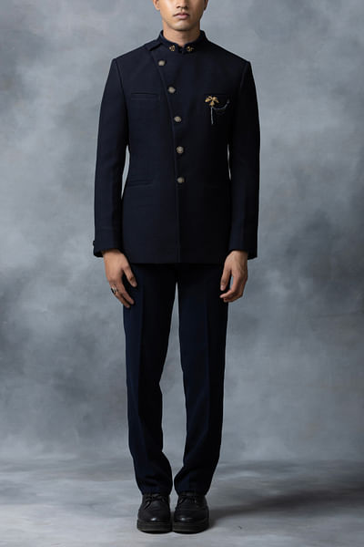 Navy blue angrakha bandhgala set