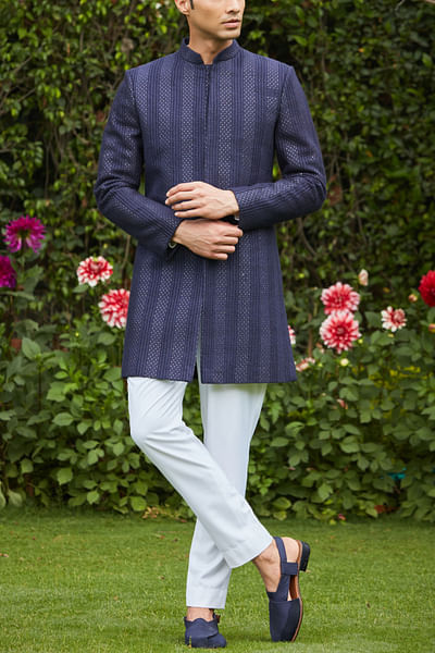Navy blue chikankari embroidered achkan set