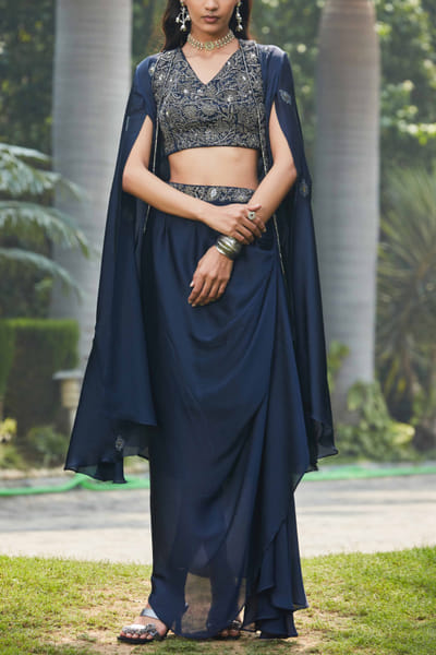 Bohame Navy blue embellished cape set BHMMAY2310
