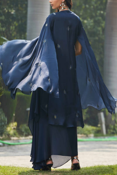 Bohame Navy blue embellished cape set BHMMAY2310