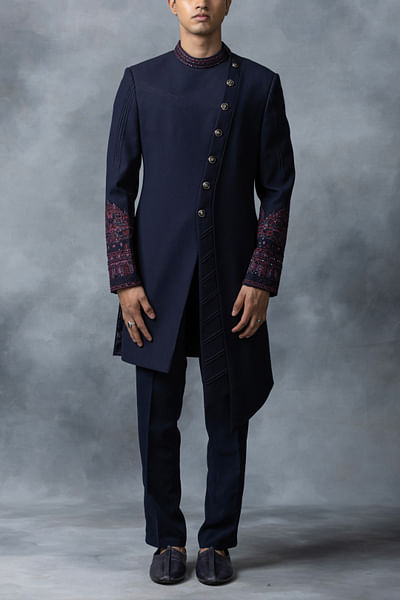 Navy blue embroidered angrakha bandhgala set