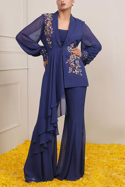 Navy blue floral embroidery draped jacket set