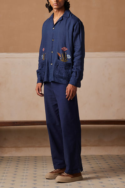 Navy blue floral embroidery shacket set