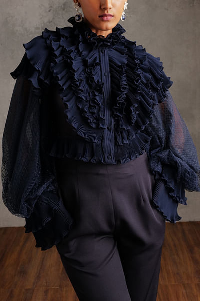 Navy blue frilled top