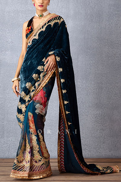 Navy blue half and half embellished sari