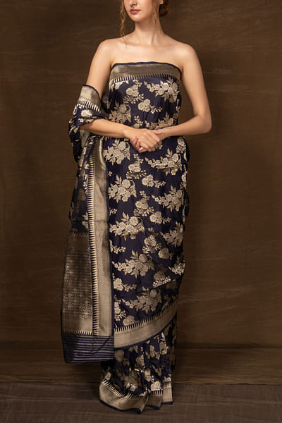 Navy blue handwoven banarasi silk sari