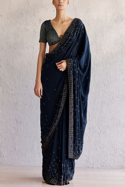 Navy blue houndstooth sequin detail saree set