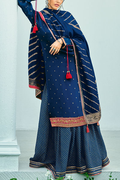 Navy blue leheriya print sharara set