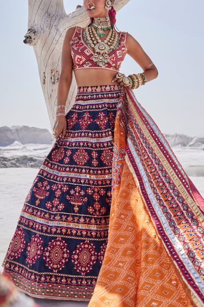 Navy blue mirror and sequin embellished lehenga set