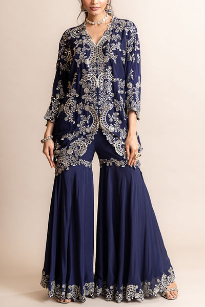 Navy blue mirror embellished asymmetric draped top and gharara