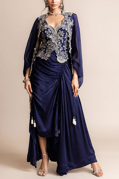Navy blue mirror embellished cape and gathered skirt set
