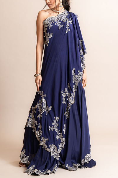 Navy blue mirror embellished one-shoulder cape and sharara