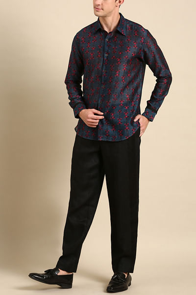 Navy blue motif print shirt