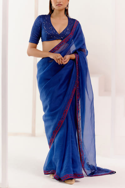Devnaagri Navy blue paisley embroidery sari set DEVOCT2320