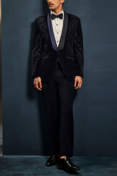 Navy blue pearl and sequin work tuxedo set