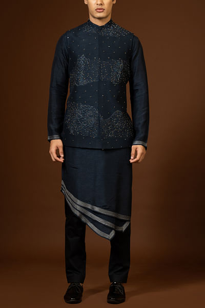 Navy blue pearl embroidery Nehru kurta set