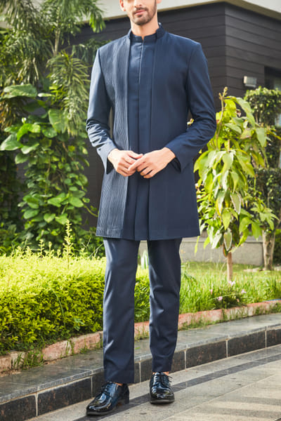 Bohame Navy blue pintuck jacket set BHMOCT23FES007