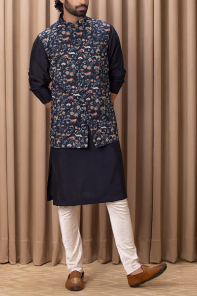 Navy blue floral and animal printed bandi kurta set