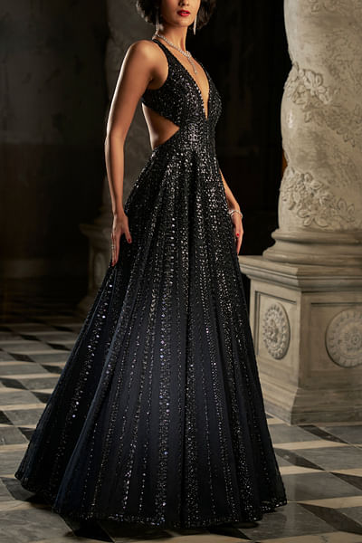 Navy blue sequin embroidery gown