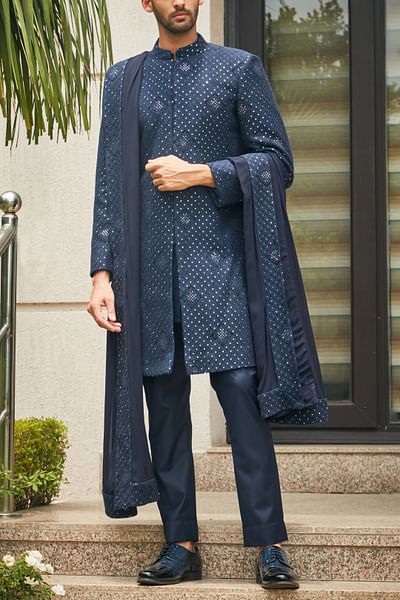 Navy blue sequin embroidery sherwani set