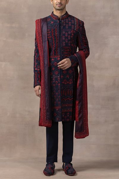 Navy blue thread and mirror embroidery sherwani set