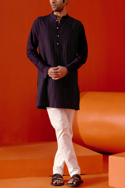 Devnaagri Navy blue thread and pintuck detail kurta set DEVOCT23MEN018
