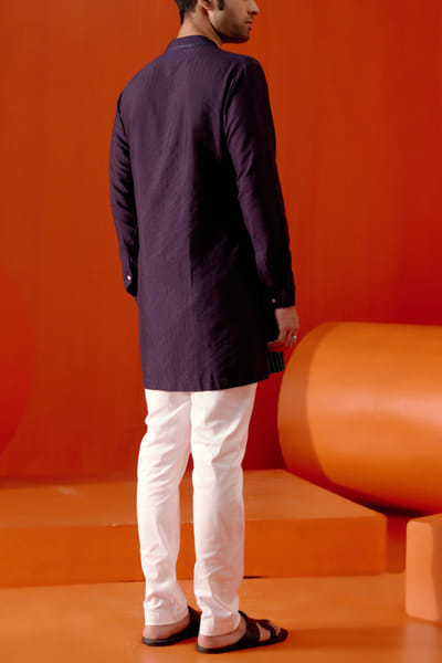 Devnaagri Navy blue thread and pintuck detail kurta set DEVOCT23MEN018