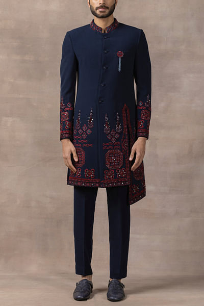Navy blue thread embroidered sherwani set