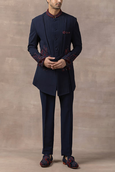 Navy blue thread embroidery applique bandgala set
