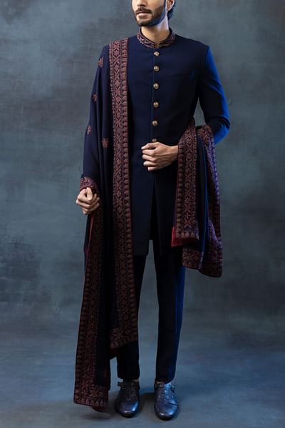 Navy blue thread work sherwani set