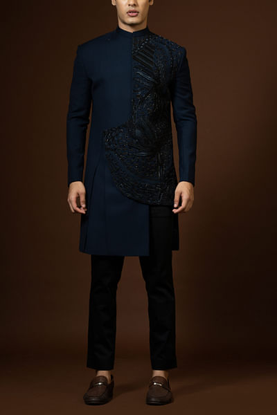 Navy blue zardozi embroidered overlapping achkan set