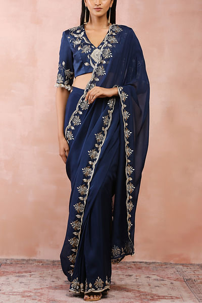 Navy floral embroidery pre-stitched sari set