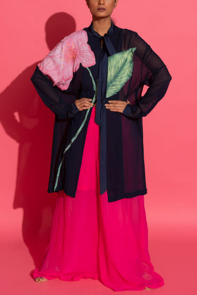 Navy floral hand painted shirt dress set