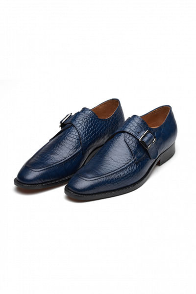 Navy monk strap textured leather shoes