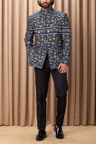 Navy printed bandhgala set