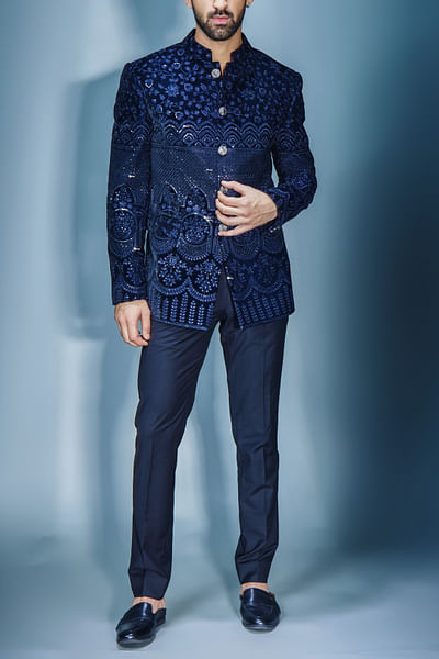 Navy sequin and thread embroidery bandhgala set