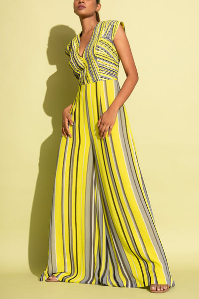 Neon and grey striped pleated jumpsuit