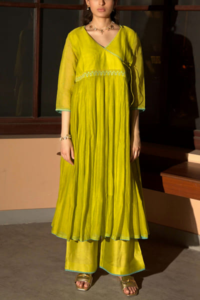 Neon green chanderi and organza angrakha set